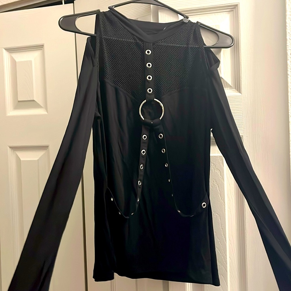 Super metal harness cold shoulder top fishnet top with grommet straps!!!
